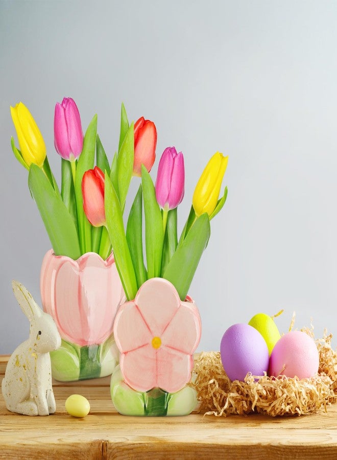 Ninehaoou 2 Pcs Pink Flower Ceramic Pen Holder Cute Tulip Pencil Holder Aesthetic Flower Makeup Brush Vase Decorative Desktop Organizer Birthday Gift for Women Office Home Wedding Party Decor - Image 4